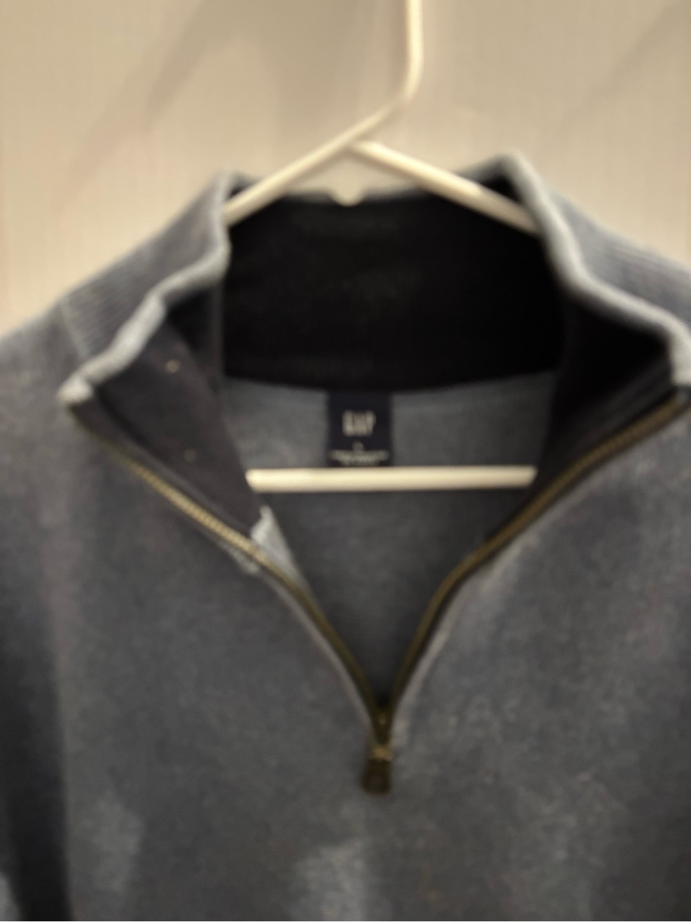 GAP Men's Slate Gray Half-Zip Sweater with Navy blue Sleeve Stripes - Picture 3 of 8